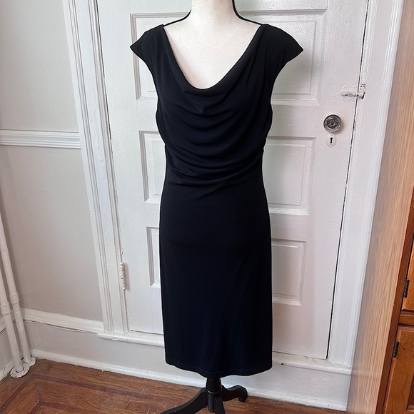 Byer Too! Y2K Classic Black Dress Cowl Neck Split Shoulder Seam Minimalist Sz M - Picture 12 of 17